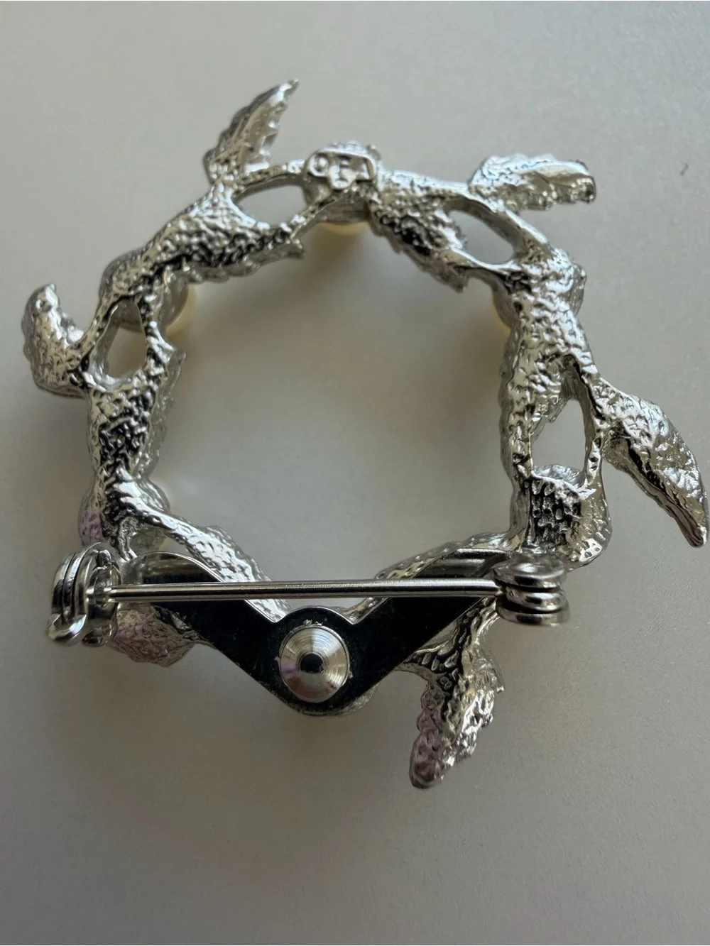 Vintage DFA Dubarry Fifth Avenue Leaf and Faux Pearl Wreath Brooch Silver Tone